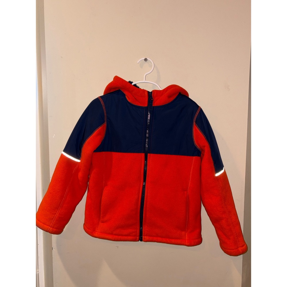 Lands' End Boys Orange Navy Colorblock Sherpa Lined Fleece Jacket Size M 5-6